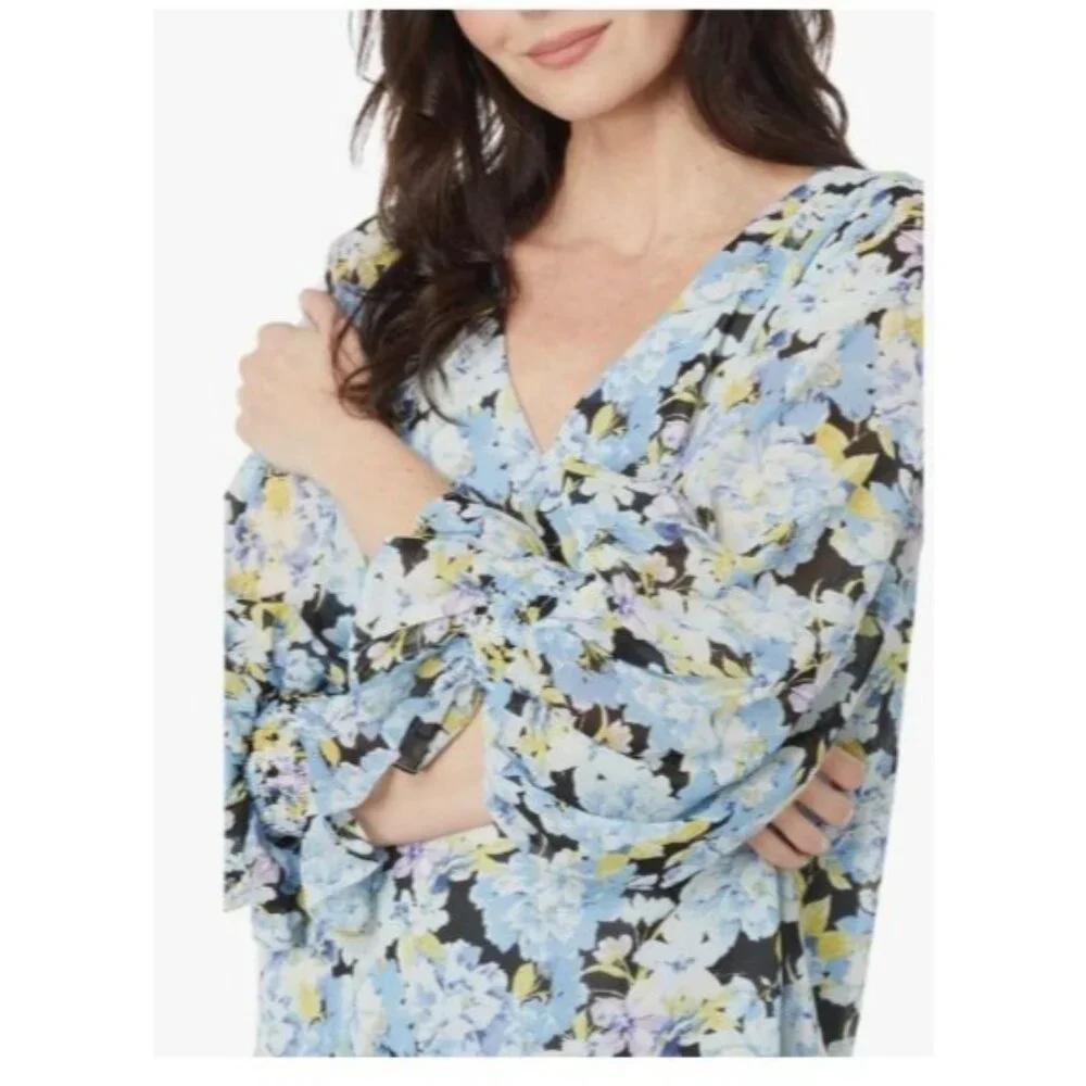 Vince Camuto Womens V Neck Balloon Sleeve Floral Blouse Plus Size 2X New